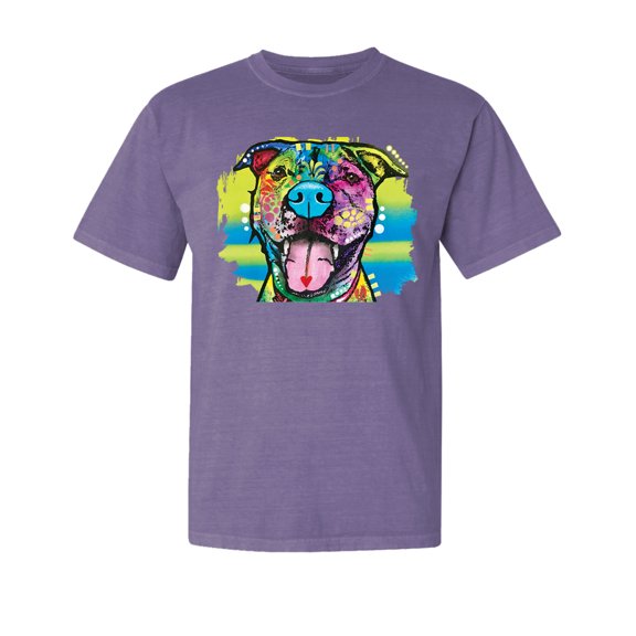 Wild Bobby,Cute Happy Smiling Dog Rainbow Pitbull Dog Lover Garment-Dyed Washed Look Short Sleeve Tees, Purple, Small