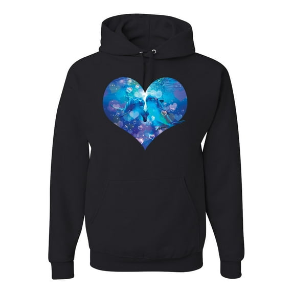 Wild Bobby, Cute Heart Shaped Couple Dolphins, Animal Lover, Unisex Graphic Hoodie Sweatshirt, Black, Small