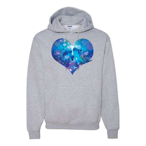 Wild Bobby, Cute Heart Shaped Couple Dolphins, Animal Lover, Unisex Graphic Hoodie Sweatshirt, Heather Grey, 2XL