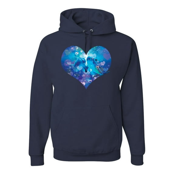 Wild Bobby, Cute Heart Shaped Couple Dolphins, Animal Lover, Unisex Graphic Hoodie Sweatshirt, Navy, Medium