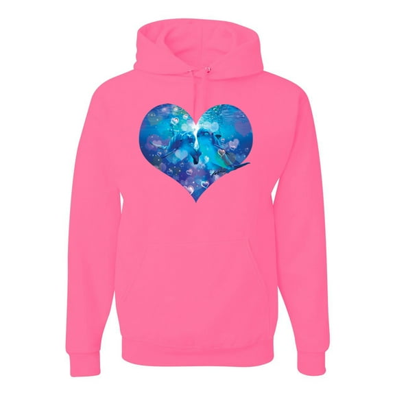 Wild Bobby, Cute Heart Shaped Couple Dolphins, Animal Lover, Unisex Graphic Hoodie Sweatshirt, Neon Pink, 2XL