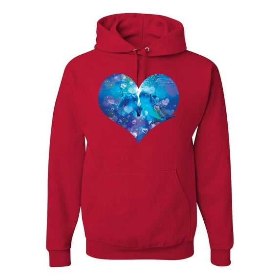 Wild Bobby, Cute Heart Shaped Couple Dolphins, Animal Lover, Unisex Graphic Hoodie Sweatshirt, Red, 3XL