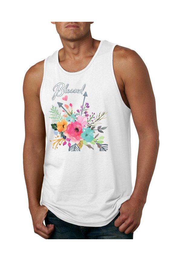 , Cute Hearts and Flowers Blessed, Inspirational/Christian, Men Graphic Tank Top, White, Medium