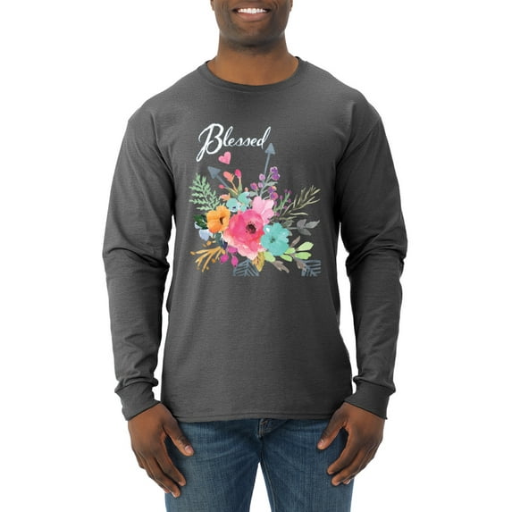 Wild Bobby, Cute Hearts and Flowers Blessed, Inspirational/Christian, Men Long Sleeve Shirt, Heather Black, 2XL