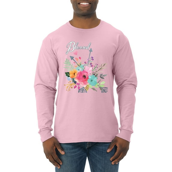 Wild Bobby, Cute Hearts and Flowers Blessed, Inspirational/Christian, Men Long Sleeve Shirt, Light Pink, Small
