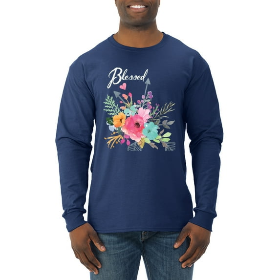 Wild Bobby, Cute Hearts and Flowers Blessed, Inspirational/Christian, Men Long Sleeve Shirt, Navy, 3XL