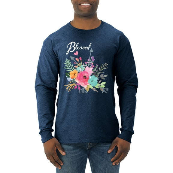 Wild Bobby, Cute Hearts and Flowers Blessed, Inspirational/Christian, Men Long Sleeve Shirt, Vintage Heather Navy, X-Large