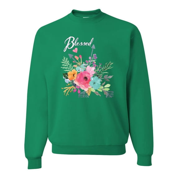 Wild Bobby, Cute Hearts and Flowers Blessed, Inspirational/Christian, Unisex Crewneck Graphic Sweatshirt, Kelly, X-Large