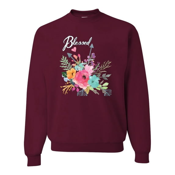 Wild Bobby, Cute Hearts and Flowers Blessed, Inspirational/Christian, Unisex Crewneck Graphic Sweatshirt, Maroon, X-Large