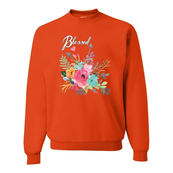 Wild Bobby, Cute Hearts and Flowers Blessed, Inspirational/Christian, Unisex Crewneck Graphic Sweatshirt, Orange, Medium