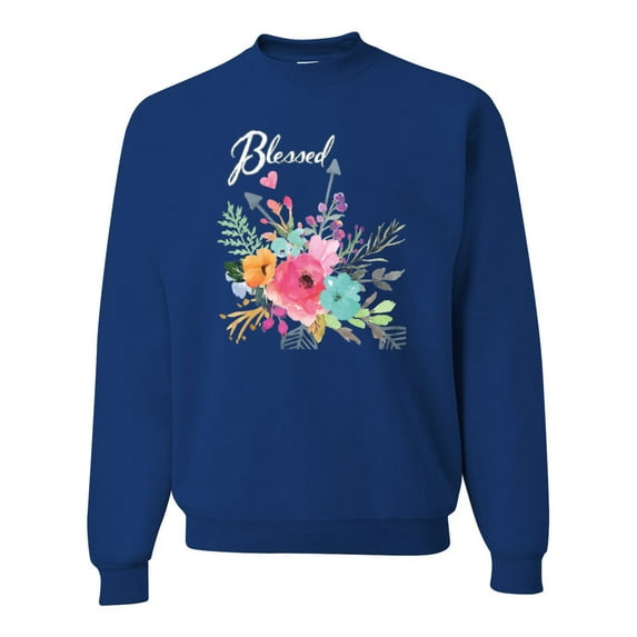Wild Bobby, Cute Hearts and Flowers Blessed, Inspirational/Christian, Unisex Crewneck Graphic Sweatshirt, Royal, 3XL