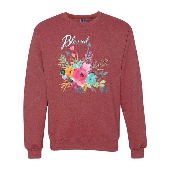 Wild Bobby, Cute Hearts and Flowers Blessed, Inspirational/Christian, Unisex Crewneck Graphic Sweatshirt, Vintage Heather Red, 3XL