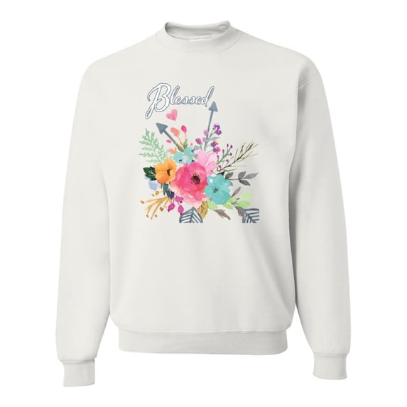 Wild Bobby, Cute Hearts and Flowers Blessed, Inspirational/Christian, Unisex Crewneck Graphic Sweatshirt, White, Large