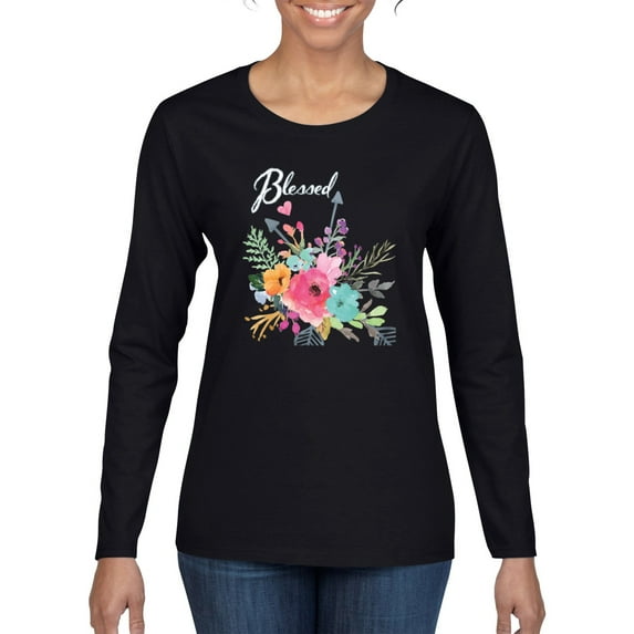 Wild Bobby, Cute Hearts and Flowers Blessed, Inspirational/Christian, Women Graphic Long Sleeve Tee, Black, X-Large