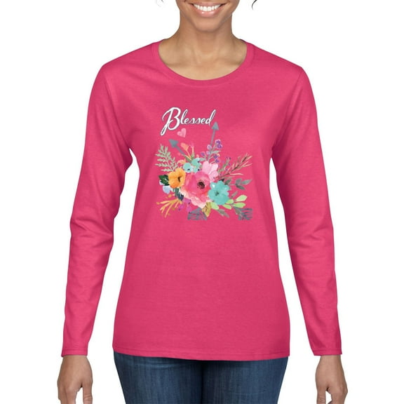 Wild Bobby, Cute Hearts and Flowers Blessed, Inspirational/Christian, Women Graphic Long Sleeve Tee, Fuschia, Medium