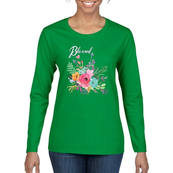 Wild Bobby, Cute Hearts and Flowers Blessed, Inspirational/Christian, Women Graphic Long Sleeve Tee, Kelly, Medium
