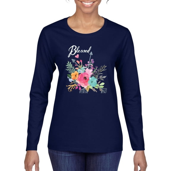 Wild Bobby, Cute Hearts and Flowers Blessed, Inspirational/Christian, Women Graphic Long Sleeve Tee, Navy, 2XL