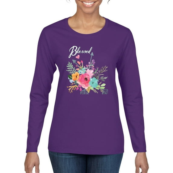 Wild Bobby, Cute Hearts and Flowers Blessed, Inspirational/Christian, Women Graphic Long Sleeve Tee, Purple, 2XL
