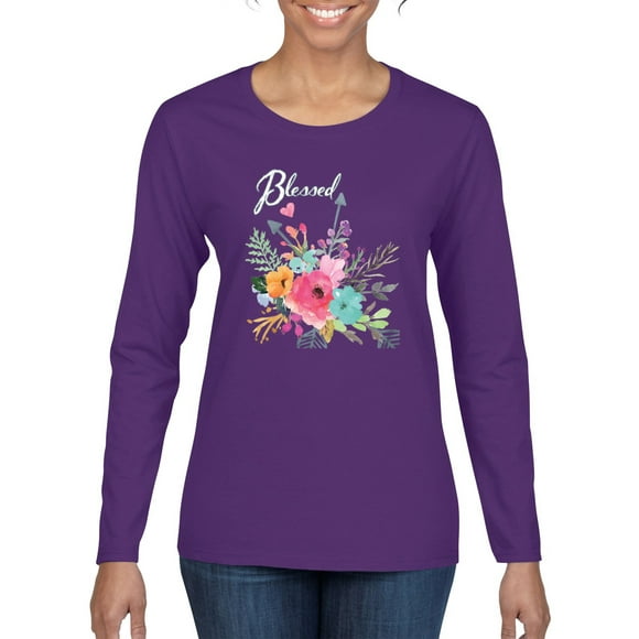 , Cute Hearts and Flowers Blessed, Inspirational/Christian, Women Graphic Long Sleeve Tee, Purple, 2XL