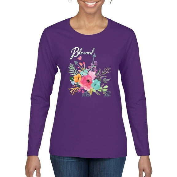 Wild Bobby, Cute Hearts and Flowers Blessed, Inspirational/Christian, Women Graphic Long Sleeve Tee, Purple, X-Large