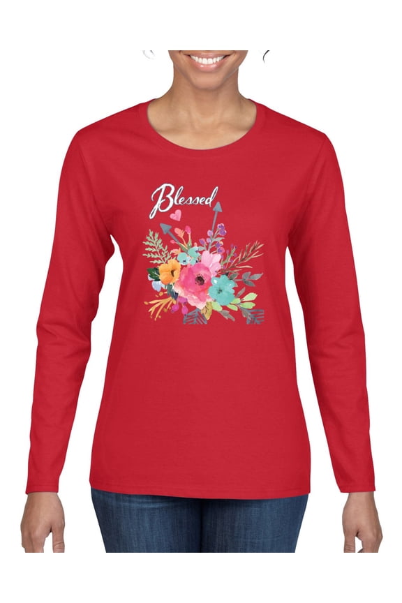 , Cute Hearts and Flowers Blessed, Inspirational/Christian, Women Graphic Long Sleeve Tee, Red, X-Large