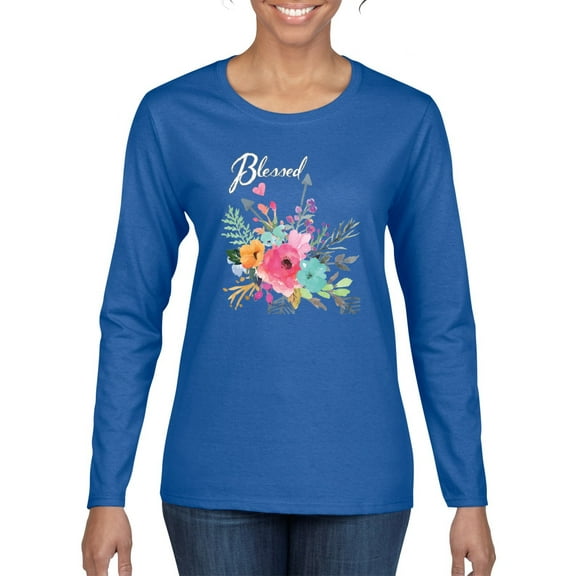 Wild Bobby, Cute Hearts and Flowers Blessed, Inspirational/Christian, Women Graphic Long Sleeve Tee, Royal, X-Large