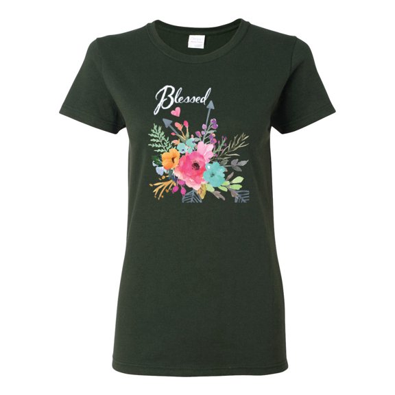 Wild Bobby, Cute Hearts and Flowers Blessed, Inspirational/Christian, Women Graphic Tee, Forest Green, Large