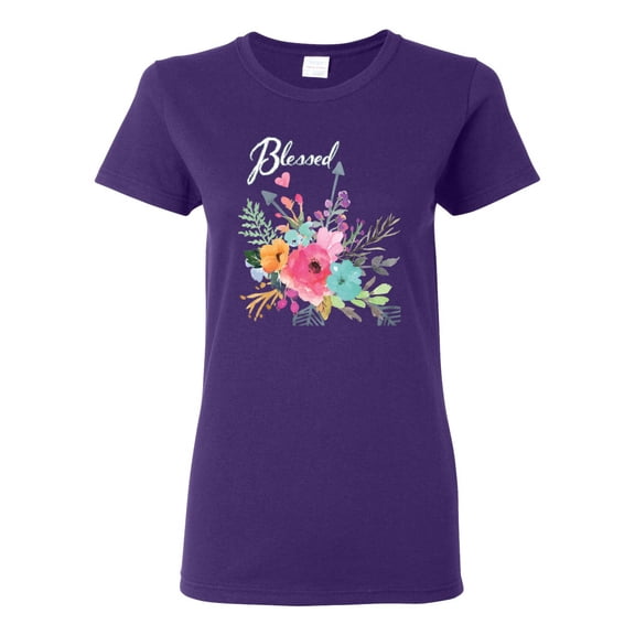 Wild Bobby, Cute Hearts and Flowers Blessed, Inspirational/Christian, Women Graphic Tee, Purple, Large