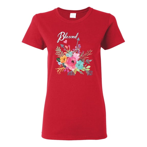 Wild Bobby, Cute Hearts and Flowers Blessed, Inspirational/Christian, Women Graphic Tee, Red, Large