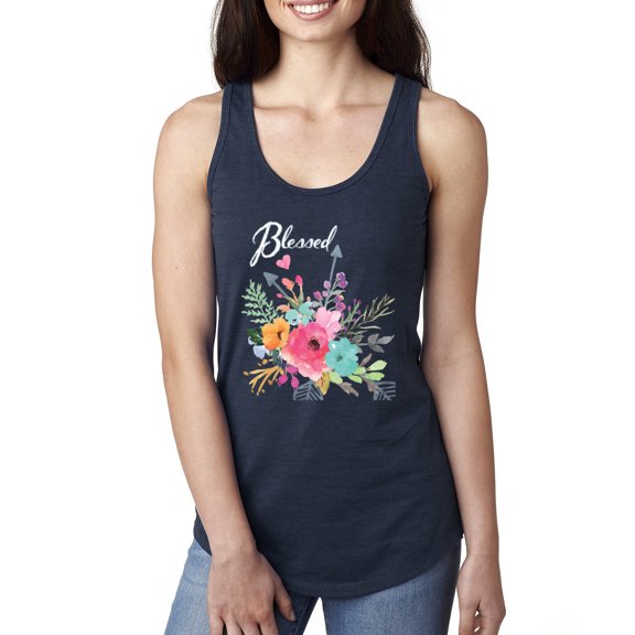 Wild Bobby, Cute Hearts and Flowers Blessed, Inspirational/Christian, Women Racerback Tank Top, Navy, Small