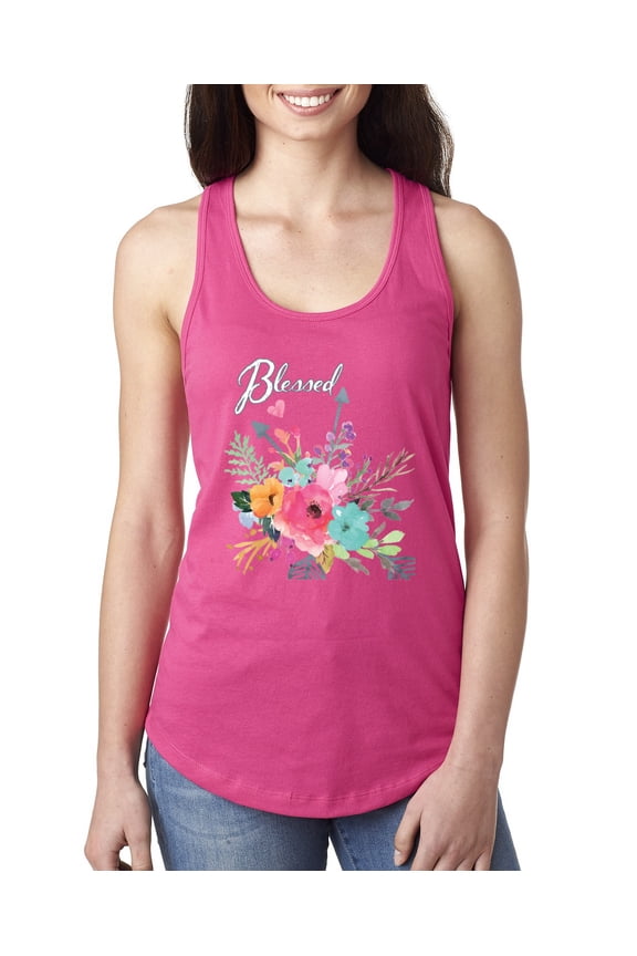 , Cute Hearts and Flowers Blessed, Inspirational/Christian, Women Racerback Tank Top, Raspberry, Small