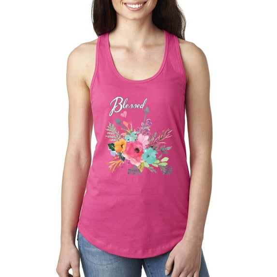 Wild Bobby, Cute Hearts and Flowers Blessed, Inspirational/Christian, Women Racerback Tank Top, Raspberry, X-Large