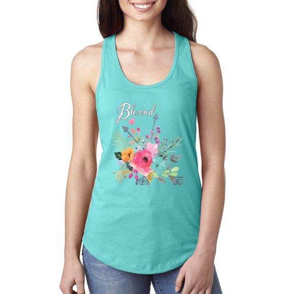 Wild Bobby, Cute Hearts and Flowers Blessed, Inspirational/Christian, Women Racerback Tank Top, Tahiti Blue, Small