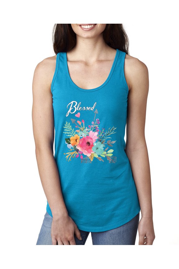 , Cute Hearts and Flowers Blessed, Inspirational/Christian, Women Racerback Tank Top, Turquoise, Medium