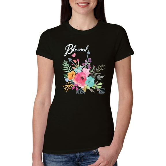 Wild Bobby, Cute Hearts and Flowers Blessed, Inspirational/Christian, Women Slim Fit Junior Tee, Black, Small