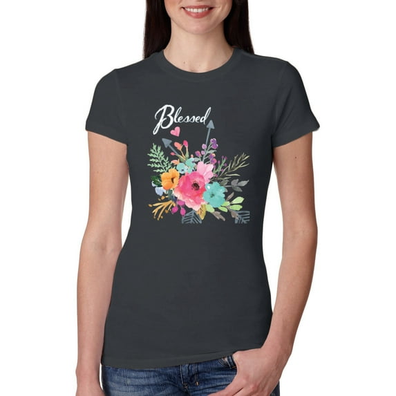 Wild Bobby, Cute Hearts and Flowers Blessed, Inspirational/Christian, Women Slim Fit Junior Tee, Dark Grey, X-Large