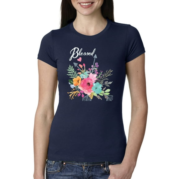 Wild Bobby, Cute Hearts and Flowers Blessed, Inspirational/Christian, Women Slim Fit Junior Tee, Navy, Medium
