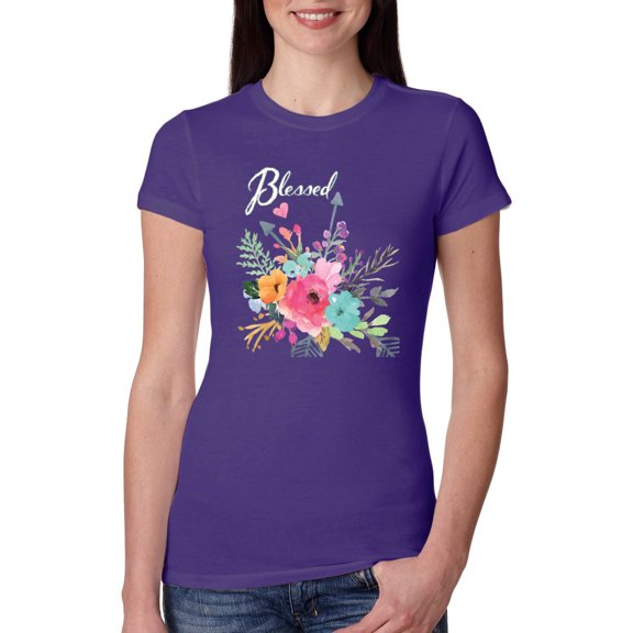 Wild Bobby, Cute Hearts and Flowers Blessed, Inspirational/Christian, Women Slim Fit Junior Tee, Purple Rush, Small