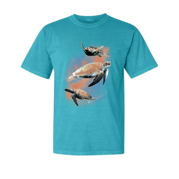 Wild Bobby, Cute Lunar Space Turtles, Animal Lover, Garment-Dyed Washed Look Short Sleeve T-Shirt, Blue Lagoon, Medium
