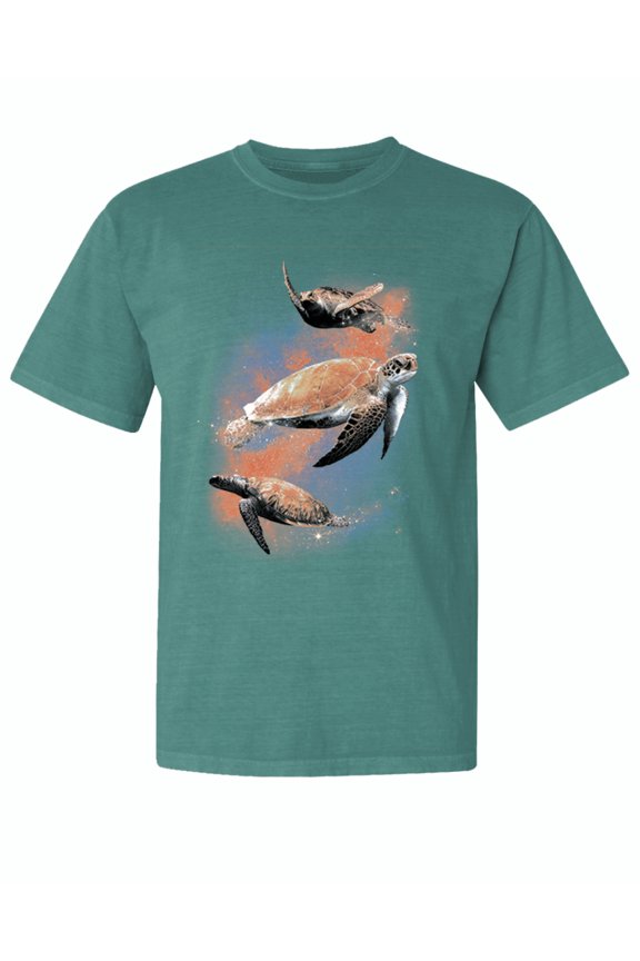 , Cute Lunar Space Turtles, Animal Lover, Garment-Dyed Washed Look Short Sleeve T-Shirt, Emerald, Small