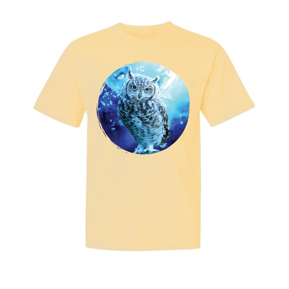 Wild Bobby, Cute Nocturnal Snow Owl Winter, Animal Lover, Garment-Dyed Washed Look Short Sleeve T-Shirt, Banana, Medium