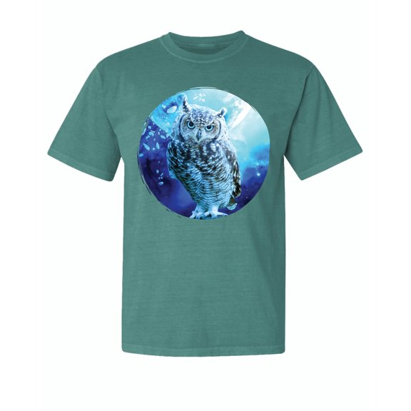 Wild Bobby, Cute Nocturnal Snow Owl Winter, Animal Lover, Garment-Dyed Washed Look Short Sleeve T-Shirt, Emerald, Large