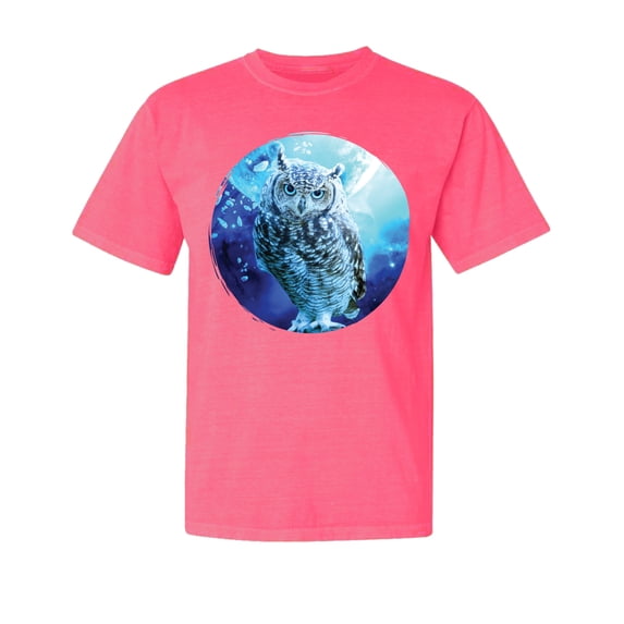 Wild Bobby, Cute Nocturnal Snow Owl Winter, Animal Lover, Garment-Dyed Washed Look Short Sleeve T-Shirt, Neon Pink, X-Large