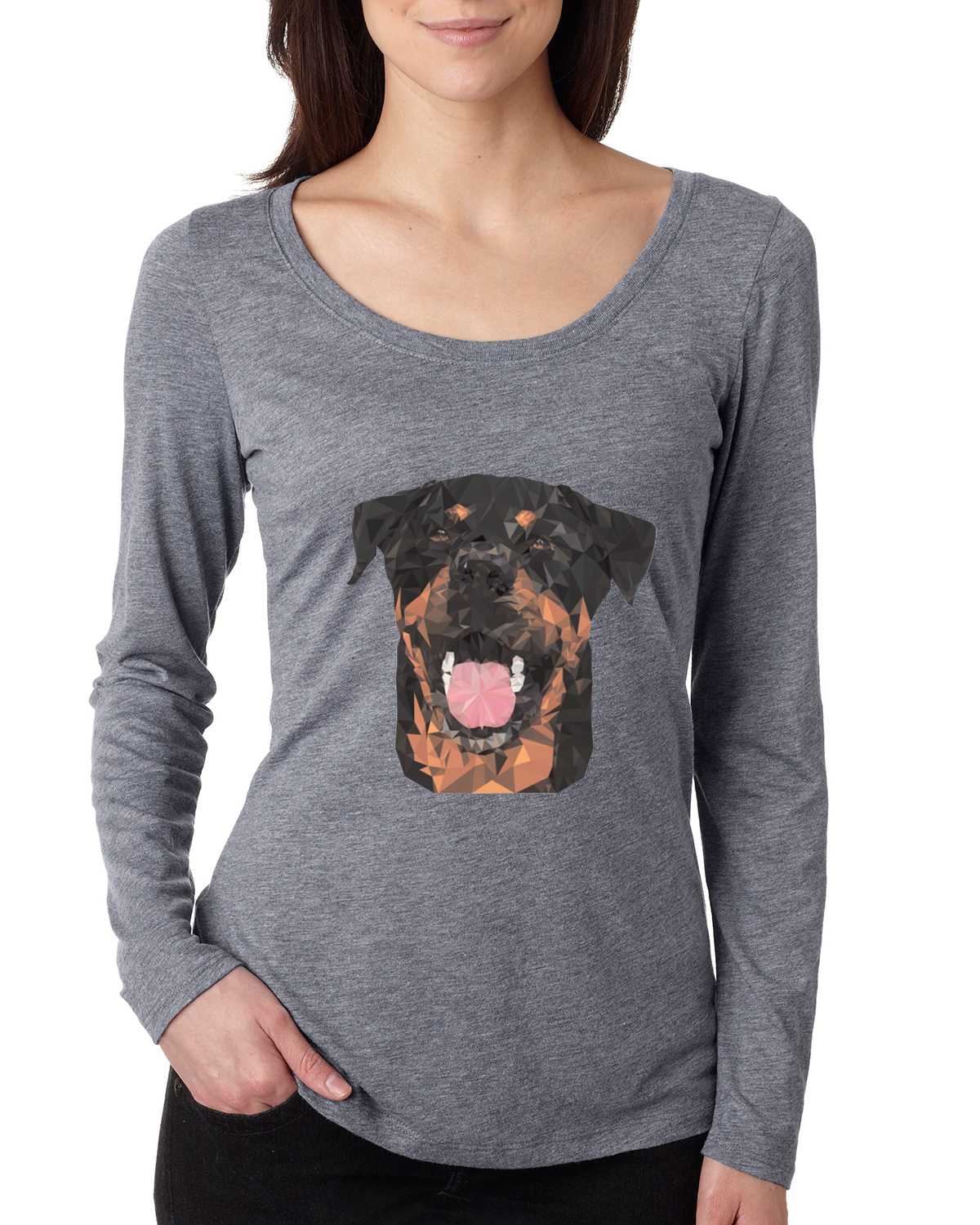 Wild Bobby, Cute Polygonal Rotteiler Smiling, Dog Lover, Women Scoop Long Sleeve Top, Premium Heather, Small - image 1 of 4