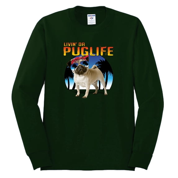 Wild Bobby, Cute Pug Life Living, Animal Lover, Men Long Sleeve Shirt, Forest Green, Large