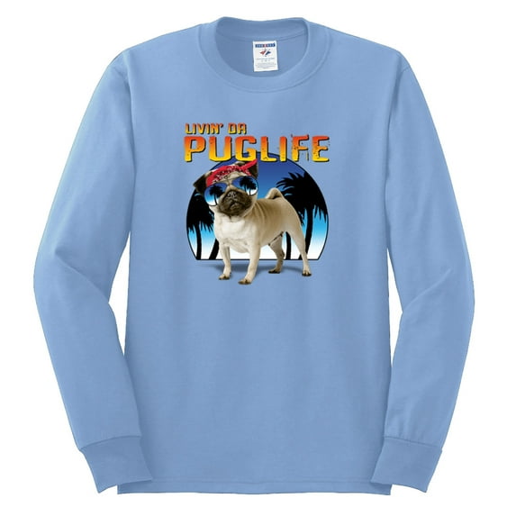 Wild Bobby, Cute Pug Life Living, Animal Lover, Men Long Sleeve Shirt, Light Blue, Small