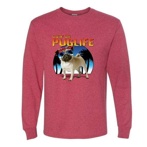 Wild Bobby, Cute Pug Life Living, Animal Lover, Men Long Sleeve Shirt, Vintage Heather Red, Large