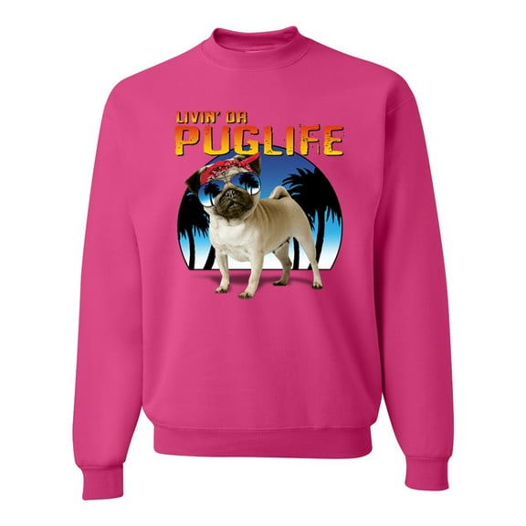 Wild Bobby, Cute Pug Life Living, Animal Lover, Unisex Crewneck Graphic Sweatshirt, Fuschia, X-Large