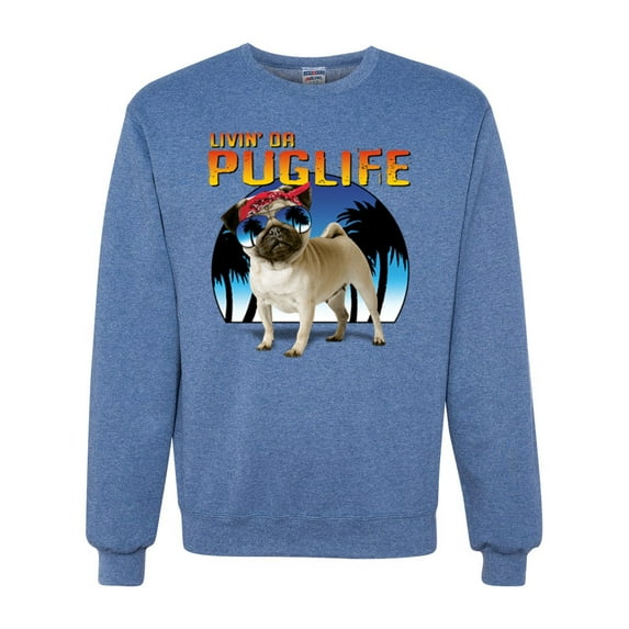 Wild Bobby, Cute Pug Life Living, Animal Lover, Unisex Crewneck Graphic Sweatshirt, Vintage Heather Blue, Medium