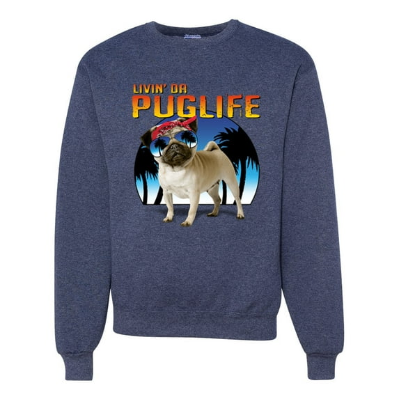 Wild Bobby, Cute Pug Life Living, Animal Lover, Unisex Crewneck Graphic Sweatshirt, Vintage Heather Navy, Small